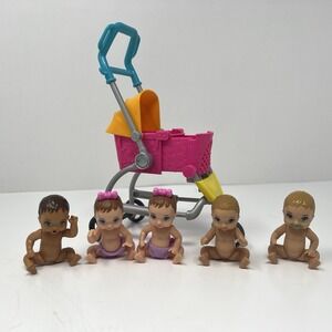 5 Barbie Babies Baby Dolls & Pet Stroller Bundle Mini Figures Play Set